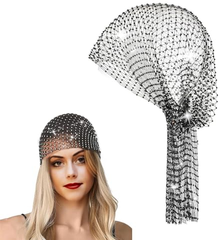 AWOCAN Mesh Strass Stirnband Hüte für Frauen Glitzer Elastische Breite Kopftücher Kristall Haar Wraps Schal (Schwarz)