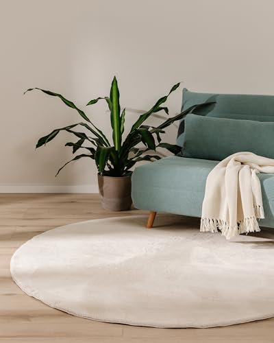 benuta Basic Kunstfaser Fellteppich Furry - Beige Rund 160 cm - Weicher Wohnzimmerteppich - Anti-Rutsch-Rückseite - Waschbar - Für Fußbodenheizung geeignet