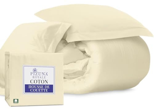 Pizuna Coton Ensemble de Housses de Couette 200x200 cm 2 Personnes Nouveau Ivoire, 1000 Fils au Pouce carré, 100% Coton longuement agrafé Housse de Couette avec Fermeture à Bouton caché 2 Pièces