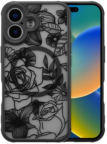 XIZYO Magnetic Rose Flower Case for iPhone 16 6.1 Inch, Black | Compatible with MagSafe, Cute Aesthetic Rose Floral Pattern, Translucent Frosted Touch, Girly Design, Shockproof Anti-Yellow