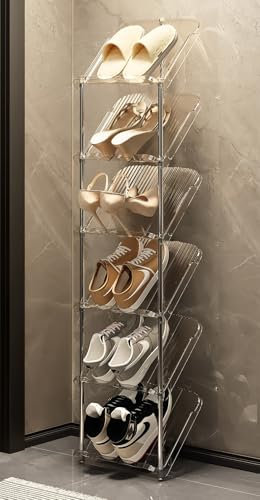 Simcat Sloping Narrow Shoe Rack, 6 Tiers Tall Shoe Rack Space Saving Shoe Organizer, Slim Shoe Shelf Storage Cabinet for Narrow Space Closet Entryway Hallway and Cloakroom (Transparent white)