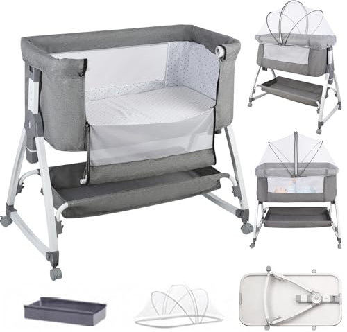 OHMG 3 en 1 Berceau Cododo pour Bébé,Inclinaison&Hauteur Réglable,Lit Cododo de Bébé avec Matelas Moelleux et Moustiquaire 4 Roues,pour 1 à 36 Mois (Gris(80 * 40 * 100-115cm))