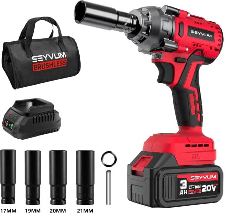 SEYVUM Akku Schlagschrauber mit 3.0Ah akkus,schlagschrauber akku,1/2 Zoll Bürstenloser Schlagschrauber mit LED-Licht für Autoreifen, Gerüstbau und Automobilmontage, 4 Stecknüsse, Schnellladegerät