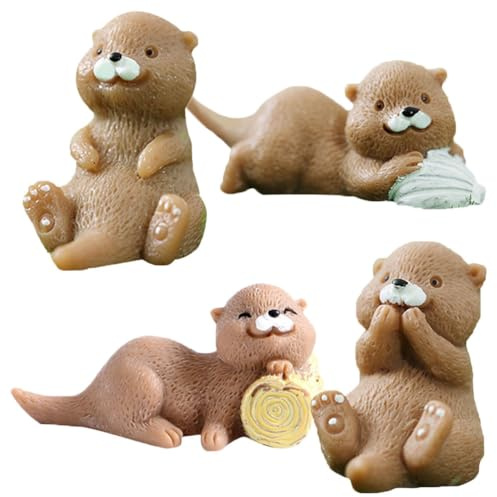 Garneck Miniatur Otter Figuren 4er Set – Kleine Otter Spielfiguren Aus Hochwertigem Harz Für Kreative Kuchendekoration - Terrarium-Deko Und Feengarten Zubehör