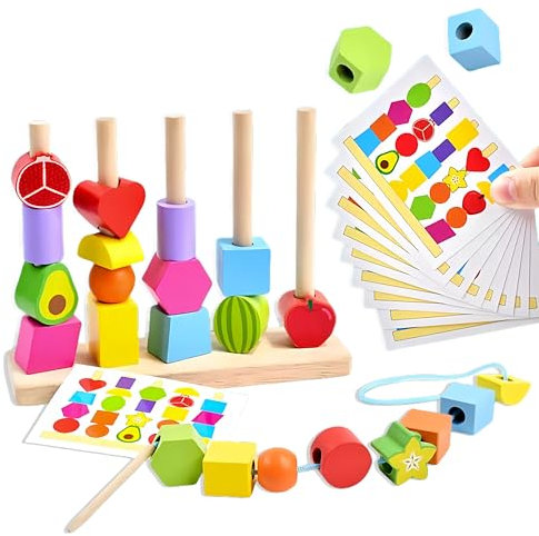 Echehi 2 in 1 Giocattoli Montessori da Infilare per Bambini, Perline da Infilare, Forme da Abbinare, Sviluppo delle capacità Motorie Fini, Blocchi in Legno da Impilare