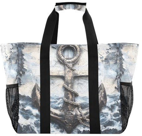 OWFKAY Damen-Handtasche, groß, Strandtasche, Reißverschluss, gesteppt, Schultertasche für Reisen, Arbeit, Fitnessstudio, Anker, Anker, Einheitsgröße