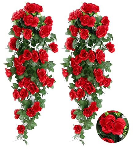 AIMUMEIF 2 Stück Künstliche Hängepflanzen Kunstblumen Hängend Rosen 90cm Kunstpflanze Hängend Plastikblumen Hängeblumen Künstlich Hängepflanzen für Außen Innen Hochzeit Terrasse (rot)
