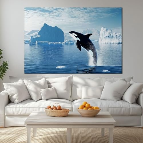 Leinwand-Wandkunst 70x50 cm Ungerahmt - Tier Orca Springt Meer Schneeberg Leinwandbild Kunstdruck Groß XXL für Wohnzimmer Schlafzimmer Wandbilder Canvas Design Dekoration