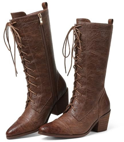 SaraIris Women's Brown Mid Calf Boots Lace Up Chunky Heel Vintage Combat Heeled Dress Casual Boots