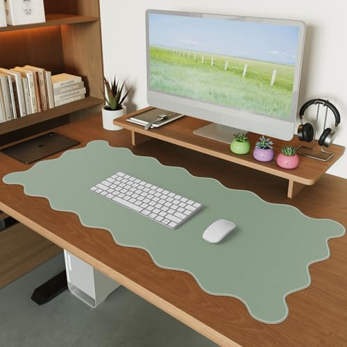 iCasso Keyboard Mat for Classroom, Green 35.4x15.7 Desk Protector | Modern Non-Slip Base Scalloped Mousepad for Study, Floral Desk Pad Stitched Edges for Travel Computer Work Station