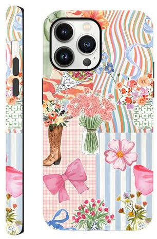 Yirlbey Handyhülle für iPhone 13 Pro Hülle 6,1, Aesthetic Collage Schleifen Muster Motiv Design für Mädchen Schutzhülle Zweischichtige Stoßfest Weiche Bunt Silikon TPU Bumper Case, Blumen