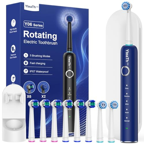 Cepillos de dientes eléctricos giratorios para adultos y niños con 8 cabezales, cepillo eléctrico con base de carga de pared, 5 modos de limpieza y estuche de viaje, 60 días de duración de la batería