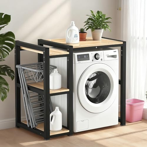 Étagère Machine À Laver, meuble machine laver et seche linge avec 3 Hauteurs Réglables, Étagère de Salle de Bain Peu Encombrante pour Salle De Bain, Buanderie, Balcon(Black)