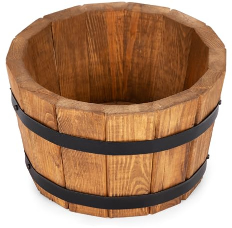 Drewdon Großer Holz Blumentopf Runder Garten Pflanzkübel mit Metallringen Dekoratives Holzfass als Pflanztopf Wetterfeste Blumenkübel für draußen Balkon Terrasse & Garten (Hellbraun, Ø28 x H17)