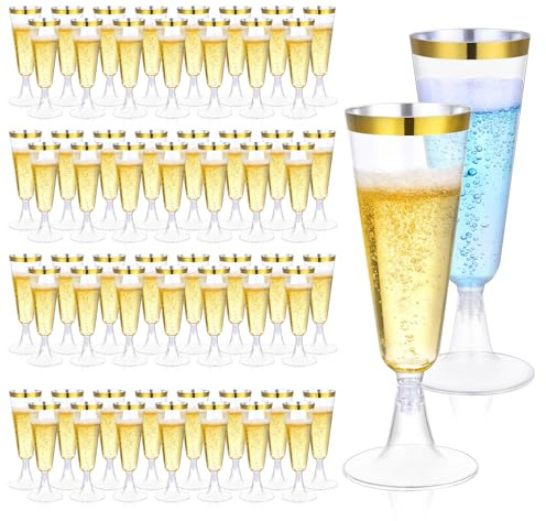 ALEXPRE 100 Stück 150 ml Transparent Sektgläser Plastik mit Goldrand | Sektgläser Kunststoff, Weingläser Plastik,Mehrweg Champagner gläser,Cocktailgläser für Partys Hochzeiten Geburtstage Picknick