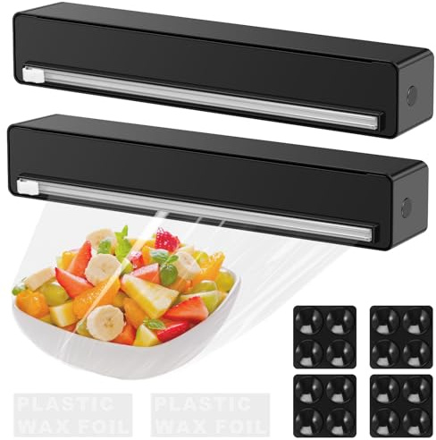 2Pcs Cling Film Dispenser and Cutter Set with Suction Cup Refillable Plastic Wrap Dispenser with Slide Cutter for Kitchen Restaurant Practical Aluminum Tin Foil and Plastic Wrap Organizer