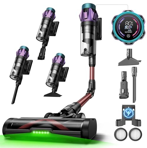 Ultenic Aspirateur Balai sans Fil – Aspirateur Balai Puissant, Autonomie Longue, Aspiration Forte pour Poussière et Poils d’Animaux – Nettoyage Rapide Maison & Voiture