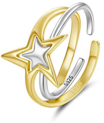 ZUOHUI Set stapelbarer Sternringe aus 925er Sterlingsilber for Damen – verstellbares offenes Band, zweifarbige Partnerringe in Gold und Silber, Geschenk for Valentinstag oder Jahrestag(Set)
