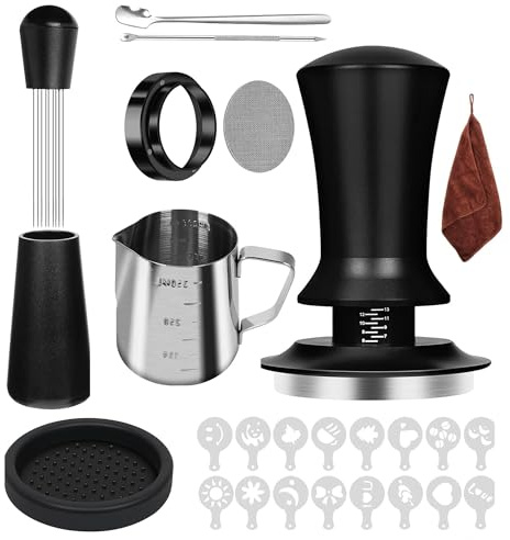Coffee Tamper Set 58mm, Coffee Machine Accessories,Espresso Barista Set | 58 mm Espresso Tamper, WDT Tool, 58 mm Dosing Funnel, 58mm Puck Screen, Milk Jug, Latte Art Pen,Tamper Mat, Coffee Stencils