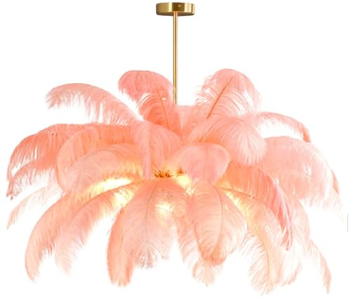CVGBFDGYJN Plafonnier créatif en Plumes d'autruche Rose Chair, Lustre en Plumes Romantique et esthétique avec Base dorée pour Chambre à Coucher, Salon, Couloir