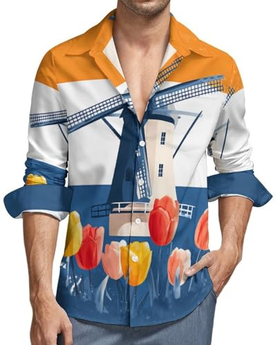 Netherlands Tulip Flowers Windmills Mens Hawaiian Shirt Casual Dress Shirts Long Sleeve Beach Work Tops 6XL