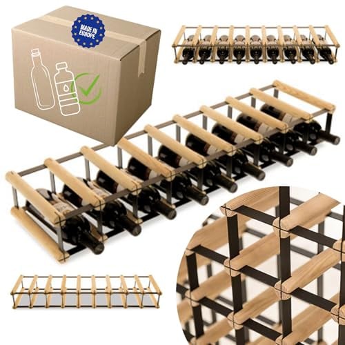 MODO24 Weinregal aus Metall & Holz für 9 Flaschen,12,5x92,5x25cm, Natur | Freistehender Weinständer, Flaschenhalter Industrial Loft, Dekoratives Flaschenregal Getränkeregal für Küche Tisch Keller