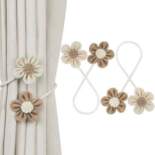 2 Stück Blumen Raffhalter für Vorhänge, Boho Vorhanghalter aus Baumwollseil, Knotenloses Design – einfaches Verdrehen fixierbar, Vorhangseil Blume für Fensterdeko in Wohnzimmer, Schlafzimmer & Büro
