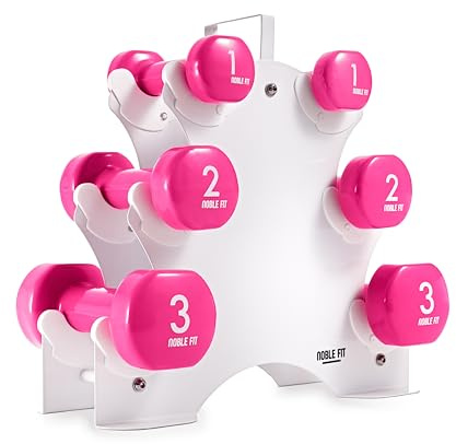 Noblefit Kurzhantel Set 12 kg mit Ständer – Hantelset für Damen & Anfänger – 2x1 kg 2x2 kg 2x3 kg – rutschfeste Vinyl Hanteln – Fitness Zuhause Home Workout inkl. 60 Min. Trainingsvideo