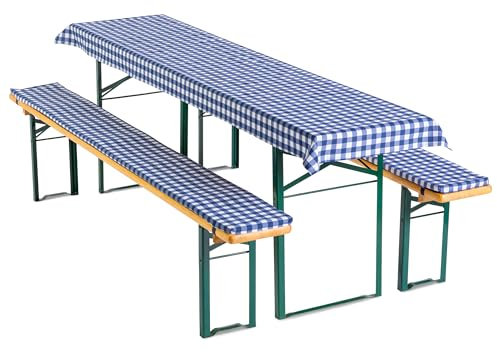 Gräfenstayn® Annabelle Biertischauflagen-Set mit Sitzpolsterung 3 TLG für Bierzeltgarnitur - 70cm oder 50cm Tischbreite - Öko-Tex Siegel Standard 100: Geprüftes Vertrauen (70x220cm, Blau/Weiß)