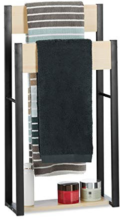 Relaxdays Handtuchhalter stehend, U-Design, 2 Ablagen, Handtuchständer Bad, HxBxT: 86 x 45 x 19 cm, Holz + Stahl, natur