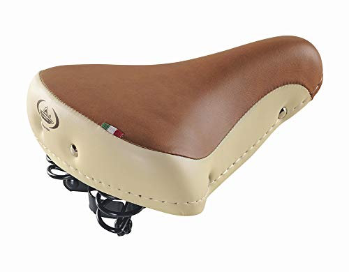 Cucuba® Selle De Vélo Vintage Montegrappa Original Produit Artisanal Italien Fait À La Main en Cuir Synthétique avec Deux Ressorts Modèle 08/F (Couleur: Miel/Blanc)