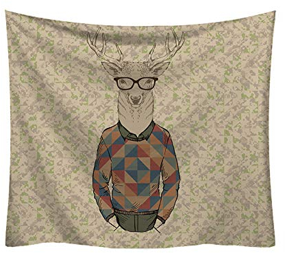 Boyouth Gobelin, Elch mit Brille, bunter Dreiecksdruck, Kleidung, graugrüner Hintergrund, Muster, Digitaldruck, 150 cm x 130 cm