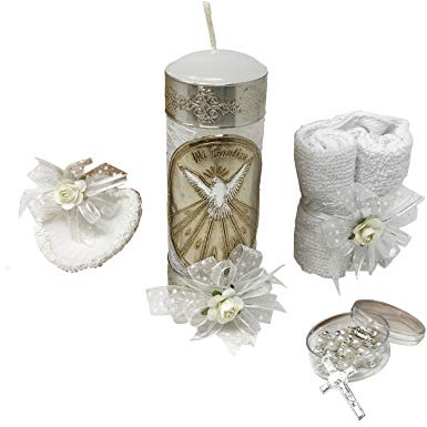 Arcangeles Mexicanos Katholische Taufkerzen-Set in Holzbox mit Handtuch, Kerze, Rosenkranz und Muschel für Baby Jungen und Mädchen Handgefertigt in Mexiko