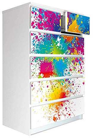 banjado® Möbelfolie selbstklebend für die IKEA Malm Kommode 6 Schubladen - Schrankfolien selbstklebend mit Motiv Farbspritzer/Möbelfolie Malm für Kinder