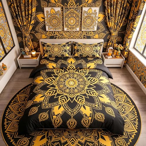 Loussiesd Bohemian Mandala Duvet Cover Set Soft Microfiber Black Gold Super King Size