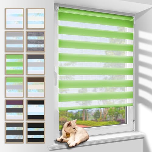 Zarnan Doppelrollo Klemmfix ohne Bohren Grün 80x140cm(Stoffbreite 76cm) Duo Rollo Blickdicht Zebrarollo Rollos für Fenster ohne Bohren für Wohnzimmer Küche Büro lichtdurchlässig und verdunkelnd