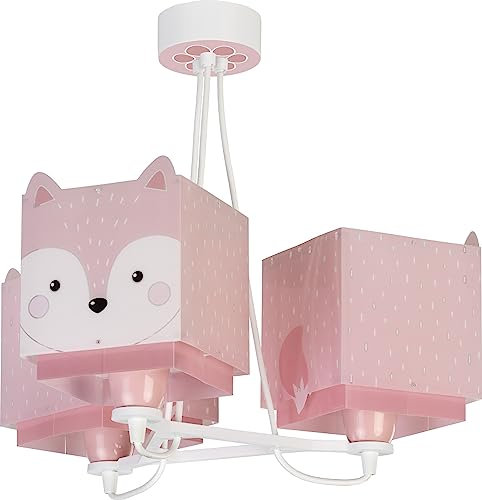 Dalber Lampe kinderzimmer, kinderlampe Pendelleuchte Hängelampe, Deckenleuchte Kinder, Deckenlampe kinderzimmer 3 Lichter Little Fox Fuchs Tiere, rose, 64587, E27