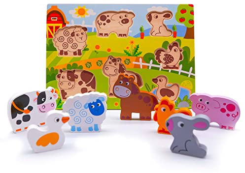 RB&G Holzpuzzle mit großen Teilen - Bauernhof Puzzle für Kinder ab 1 Jahr Hase & Co. Bausteine Spielsteine Tiere
