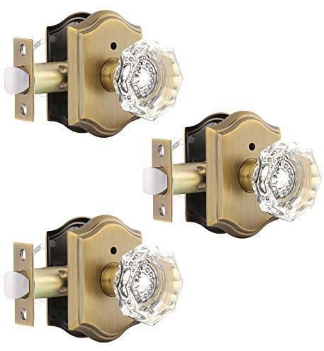 Gobrico Lot de 3 boutons de porte en verre de cristal avec serrure, serrures de porte robustes avec bouton en cristal de diamant, poignées de porte sans clé pour salle de bain, chambre à coucher,