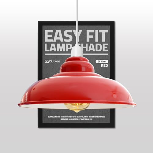 DC VOLTAGE Pantalla de metal industrial moderna para lámpara de techo, color rojo, 32 cm, grande, curvada, fácil de instalar, para sala de estar, cocina, pasillo (placa reductora gratis)