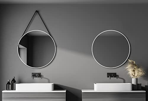 Talos White Style Spiegel rund Ø 80 cm – Runder Wandspiegel in matt weiß – Badspiegel mit Aluminiumrahmen – Trendiger Badezimmerspiegel mit Aufhängeband – Modernes Design für Badezimmer und Wohnung