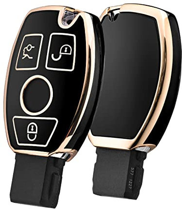 OATSBASF Autoschlüssel Hülle für Mercedes Benz, Schlüsselhülle Cover für Mercedes Benz W204 W211 2-3 Keyless Tasten A B C E Class (Goldener Rand-Schwarz)