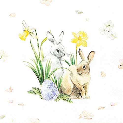 20 kleine Cocktail-Servietten Kleine Hasen an Frühlingsblumen | Frühling | Ostern | Tischdeko | Decoupage | Serviettentechnik 25x25cm