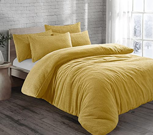 NIGHTZONE Teddy Fleece Duvet Cover Set With Pillow Case Thermal Fleece Warm Cosy Soft Fur Teddy Bedding Duvet Cover Set (Ochre, Super King)