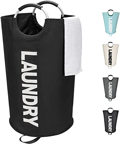 Maxsilan 90L Large Laundry Basket Bag, Collapsible Tall Hamper, Black | Freestanding tall laundry bag & foldable washing basket. Large capacity clothes storage bin with durable sturdy handles