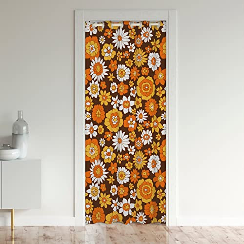 60S 70S Groovy Door Curtain for Doorway Privacy 132x203cm Retro Hippie Flower Room Divider Curtain Cover Vintage Boho Plant Floral Closet Door Cover Curtain Botanical Blossom Brown Window Treatments