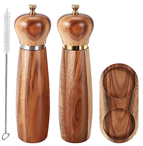 Povxlum 2 Set Wooden Salt and Pepper Mill Set, Hand Salt and Pepper Grinder Set with Adjustable Ceramic, Adjustable Coarseness Pepper Shakers for Cooking, Baking