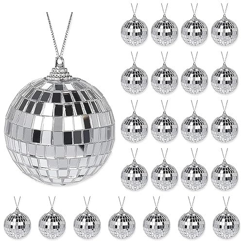 mizikuu 24 Stück Discokugel Klein Deko, 4cm Spiegelkugel Disco Spiegel Ball Silberne Hängekugel Mirrorball für Weihnachtsbaum Dekoration, 70 Jahre Party, Hochzeit, Home, Lichteffekt