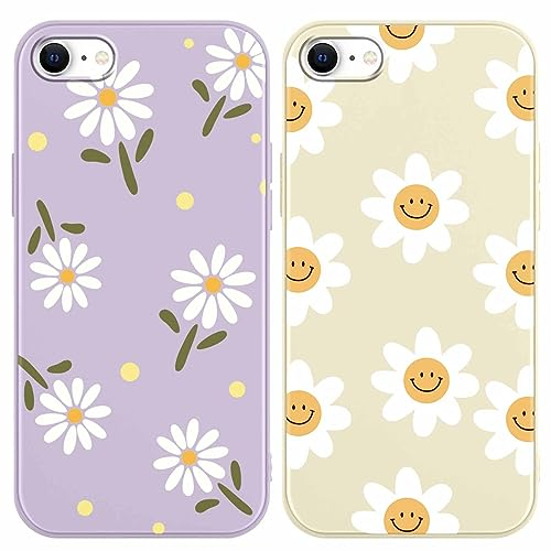 RUMDEY 2 Pack Daisy Flowers for iPhone 7/8/SE 2020/SE 2022 4.7 Phone Case, Smile Cute Aesthetic Design Cases Soft Silicone Slim TPU Shockproof Protective Fundas for Teen Girls Women (Purple&Beige)