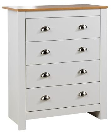 Home Source Chest of Drawers Clothing Storage Unit, 4 Drawers, Oak Effect Top, White